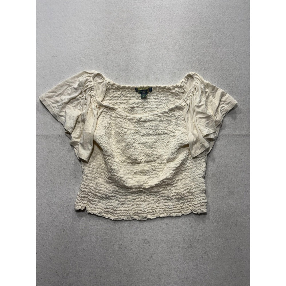 Good Luck Gem Blouse Womens XL White Off Shoulder Smocked Cropped Top Summer